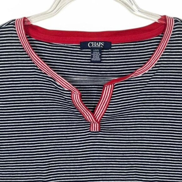 Chaps Navy & White Striped T-Shirt V-Neck With Red Trim - Picture 2 of 3